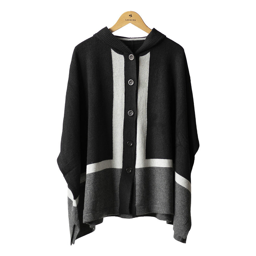 カシミヤ100% フード付きポンチョ 配色切り替え 全3色 M〜L