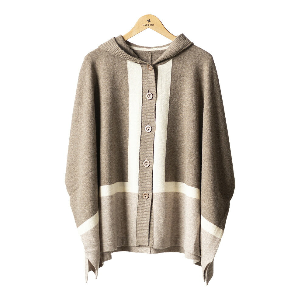 カシミヤ100% フード付きポンチョ 配色切り替え 全3色 M〜L