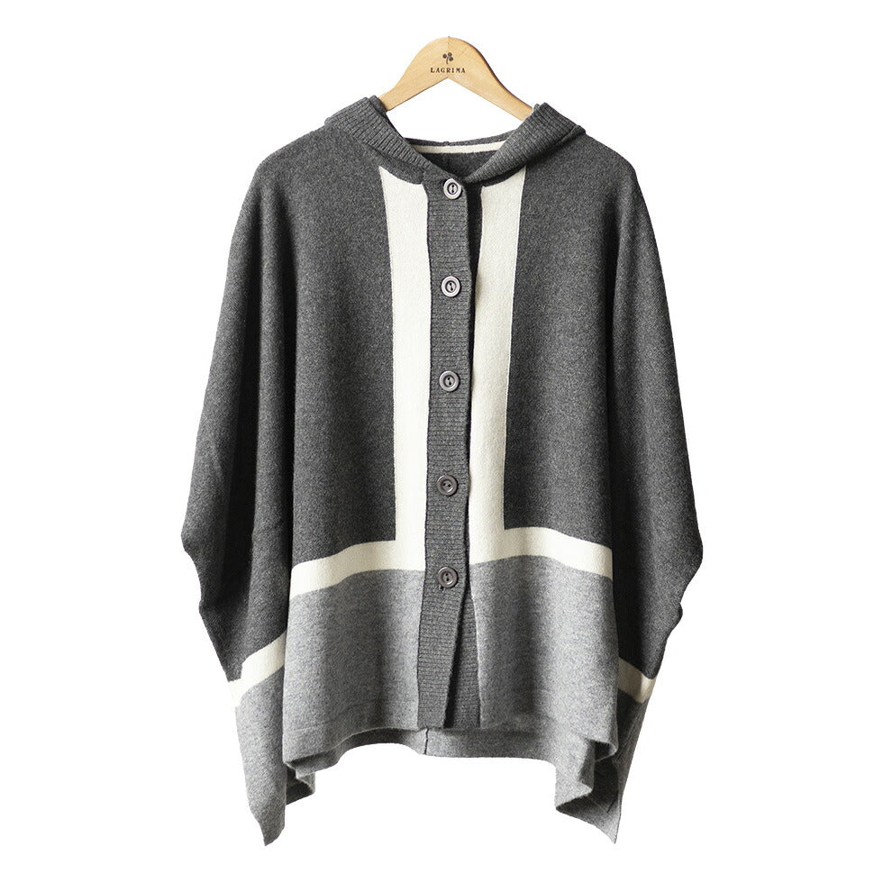 カシミヤ100% フード付きポンチョ 配色切り替え 全3色 M〜L