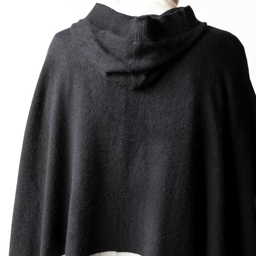 カシミヤ100% フード付きポンチョ 配色切り替え 全3色 M〜L