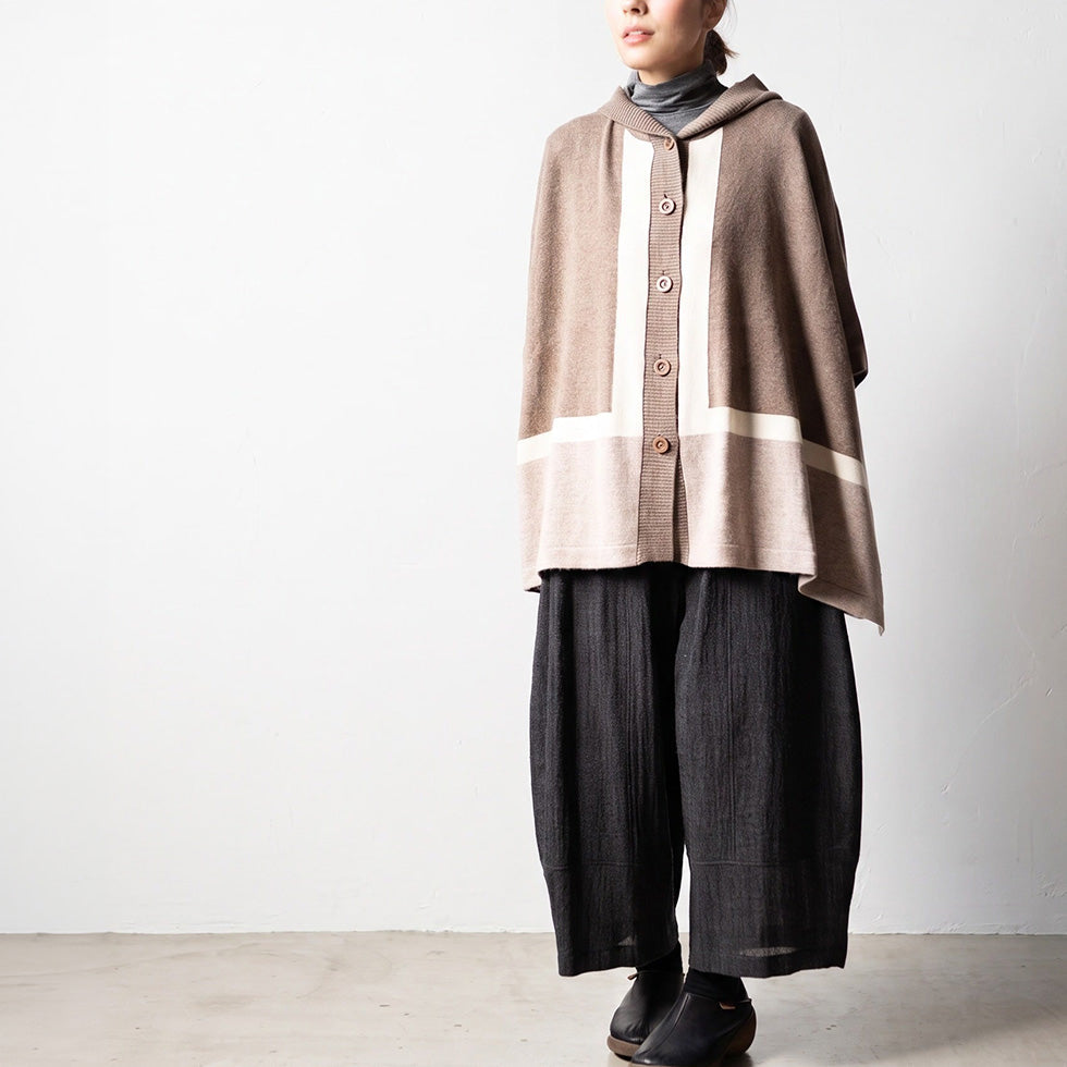 カシミヤ100% フード付きポンチョ 配色切り替え 全3色 M〜L