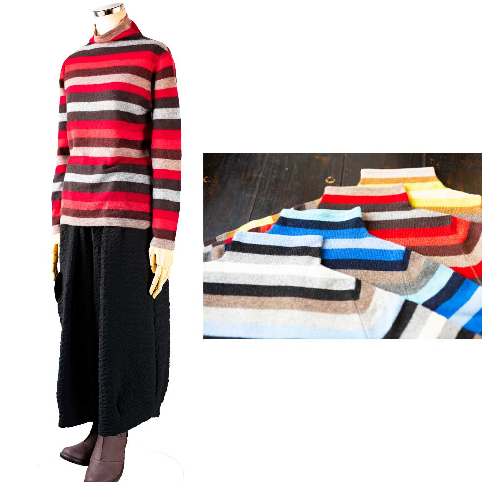 カシミヤ100% マルチボーダープルオーバー 全4色 M〜L