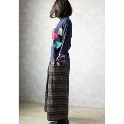 カシミヤ100% チェッカー柄ボトルネックプルオーバー 全3色 M〜L
