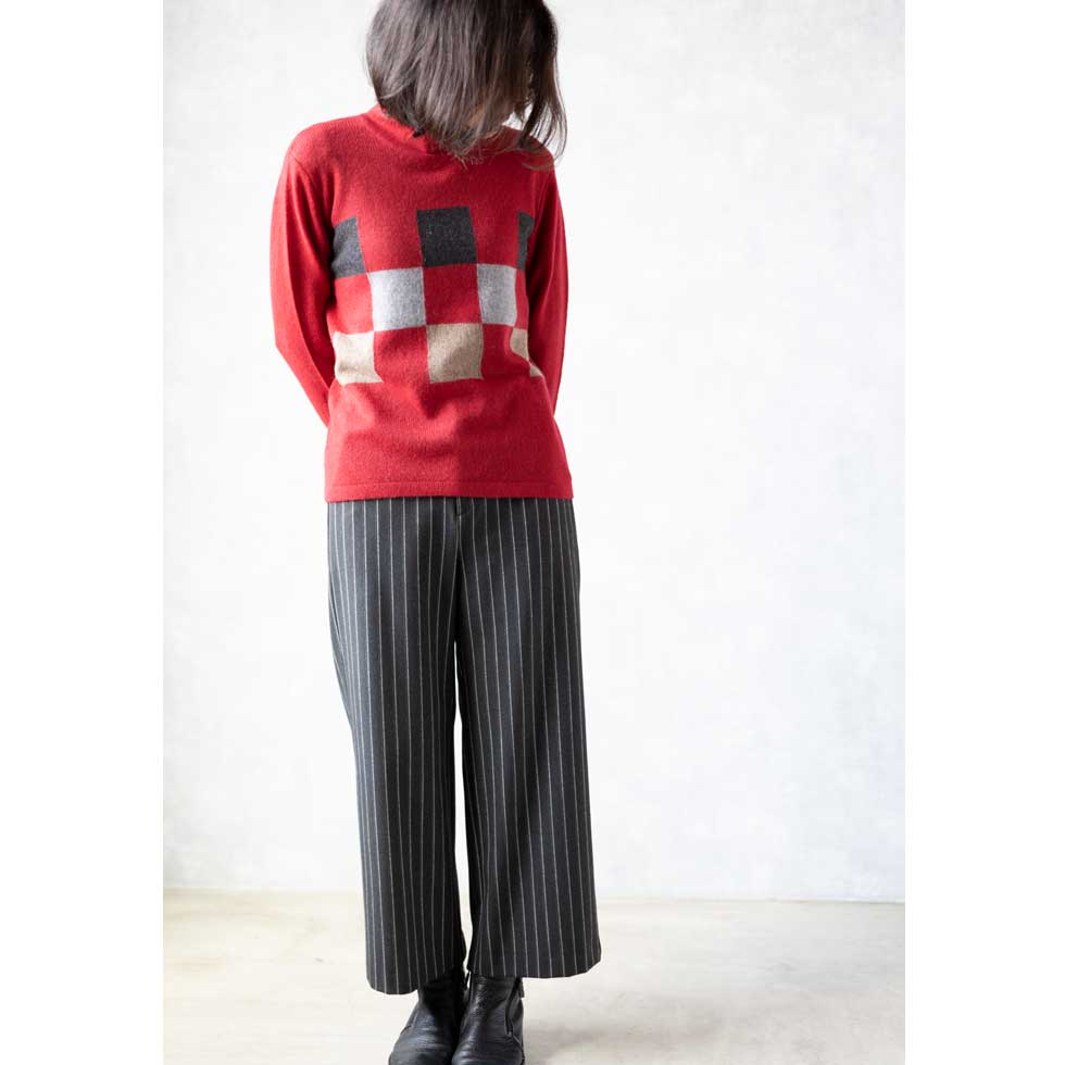 カシミヤ100% チェッカー柄ボトルネックプルオーバー 全3色 M〜L