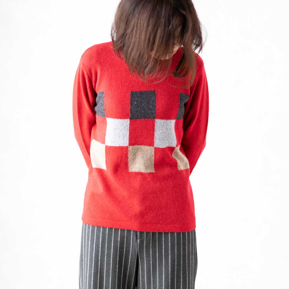 カシミヤ100% チェッカー柄ボトルネックプルオーバー 全3色 M〜L