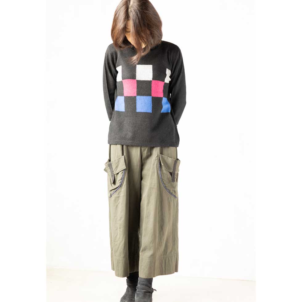 カシミヤ100% チェッカー柄ボトルネックプルオーバー 全3色 M〜L