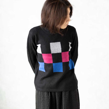 カシミヤ100% チェッカー柄ボトルネックプルオーバー 全3色 M〜L