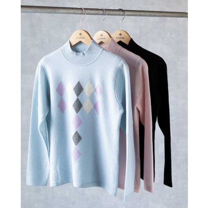 カシミヤ100% ダイヤ柄ハイネックプルオーバー 全3色 M〜L