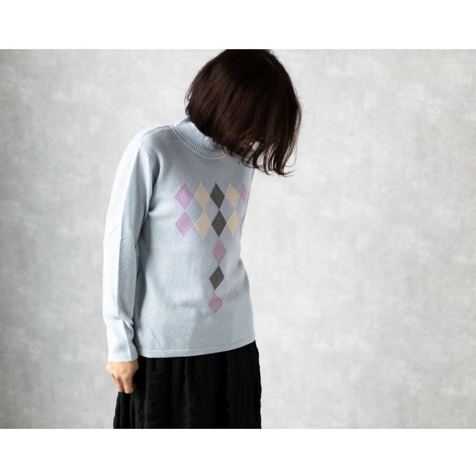 カシミヤ100% ダイヤ柄ハイネックプルオーバー 全3色 M〜L