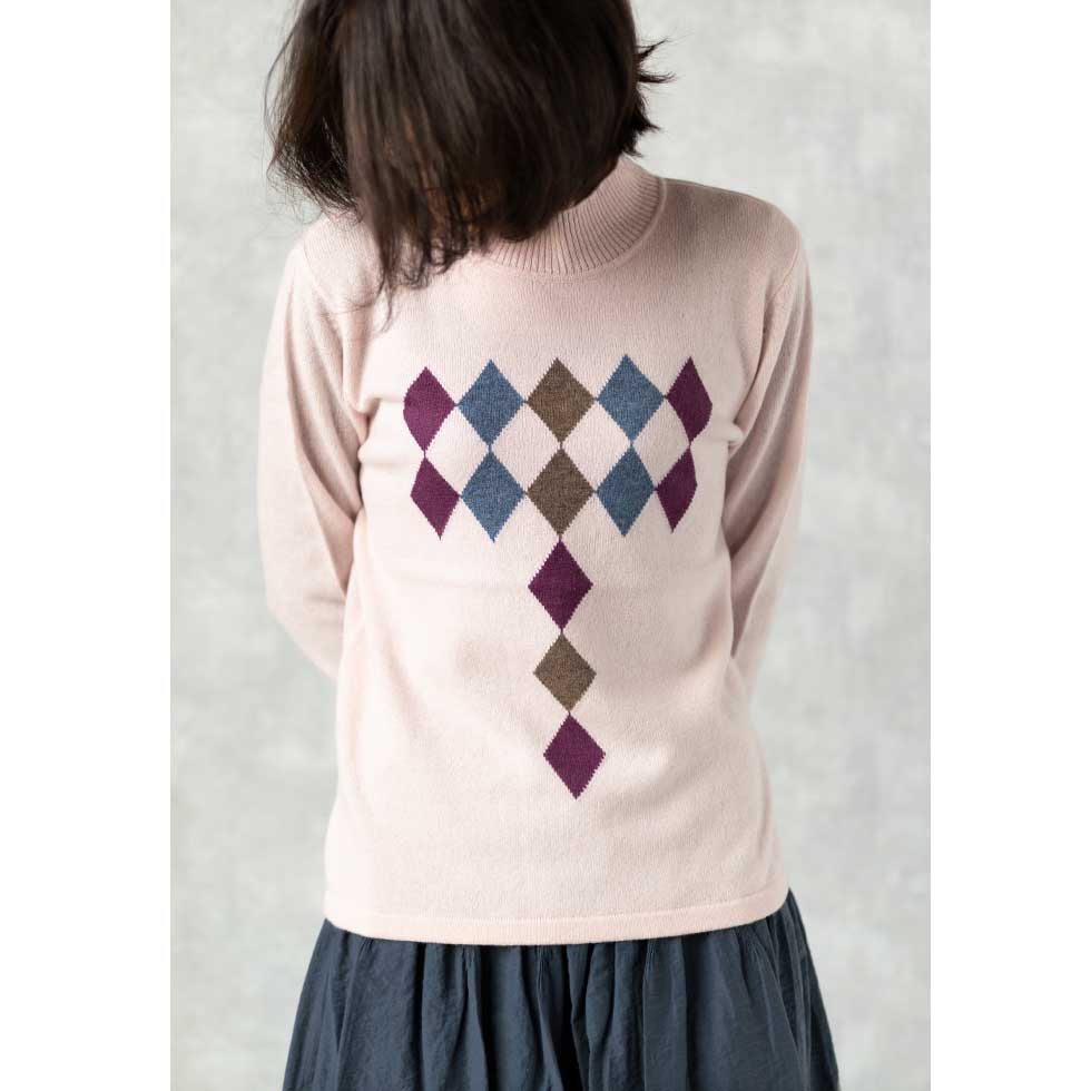 カシミヤ100% ダイヤ柄ハイネックプルオーバー 全3色 M〜L