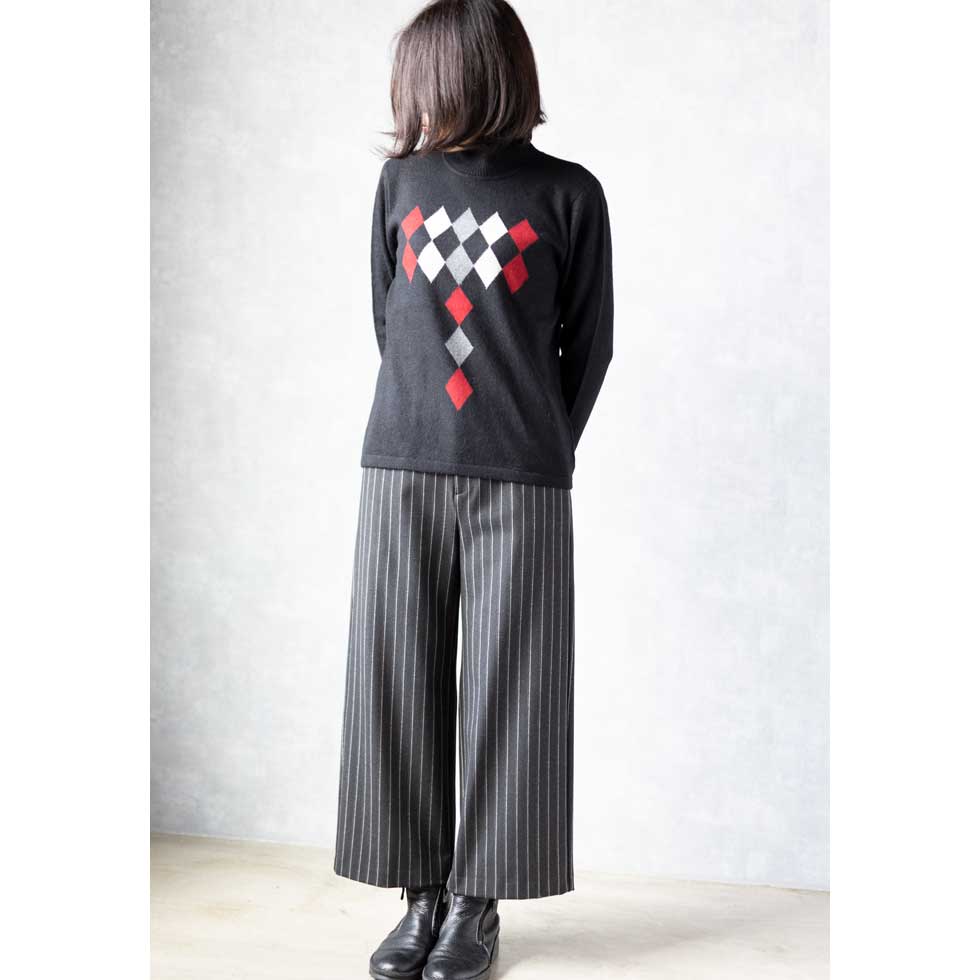カシミヤ100% ダイヤ柄ハイネックプルオーバー 全3色 M〜L