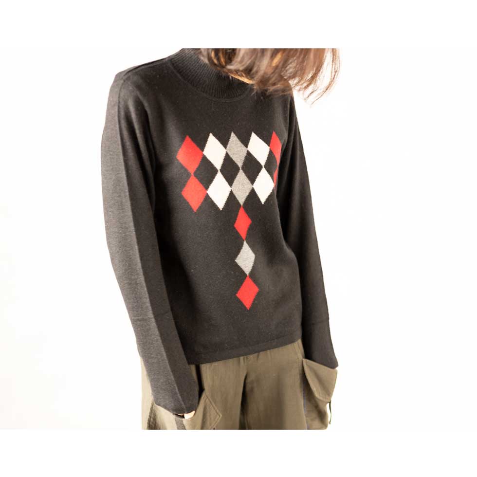 カシミヤ100% ダイヤ柄ハイネックプルオーバー 全3色 M〜L