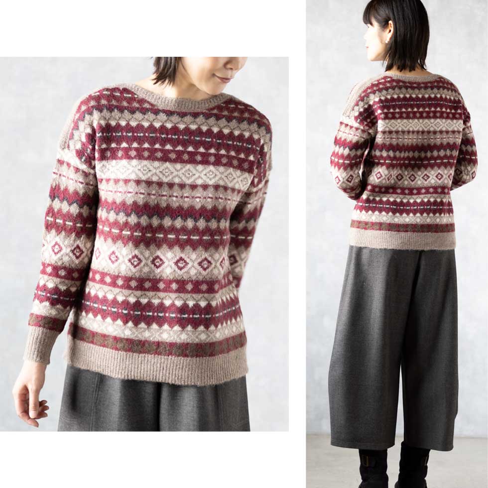 ベビーアルパカ100% ジャガード ボートネックプルオーバー 全4色 M〜L