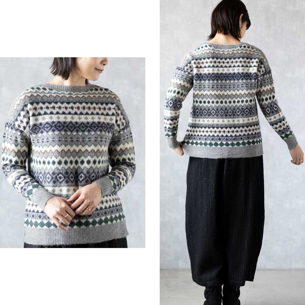 ベビーアルパカ100% ジャガード ボートネックプルオーバー 全4色 M〜L