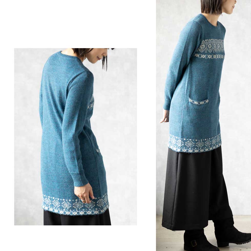 ベビーアルパカ ノルディック調 クルーネックチュニック ポケット付 全4色 M〜L