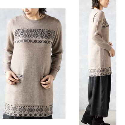 ベビーアルパカ ノルディック調 クルーネックチュニック ポケット付 全4色 M〜L