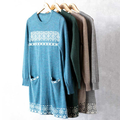 ベビーアルパカ ノルディック調 クルーネックチュニック ポケット付 全4色 M〜L