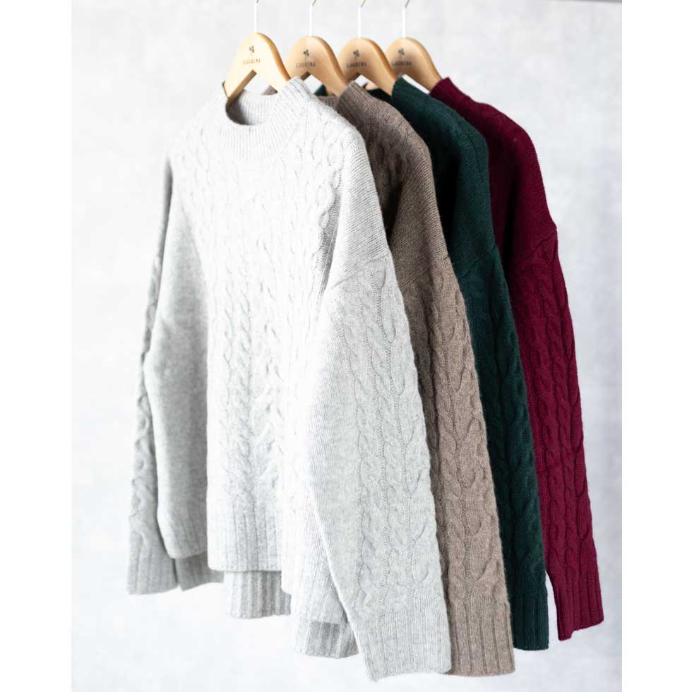ヤク100% ケーブルハイネックプルオーバー ドロップショルダー 全4色 M〜L
