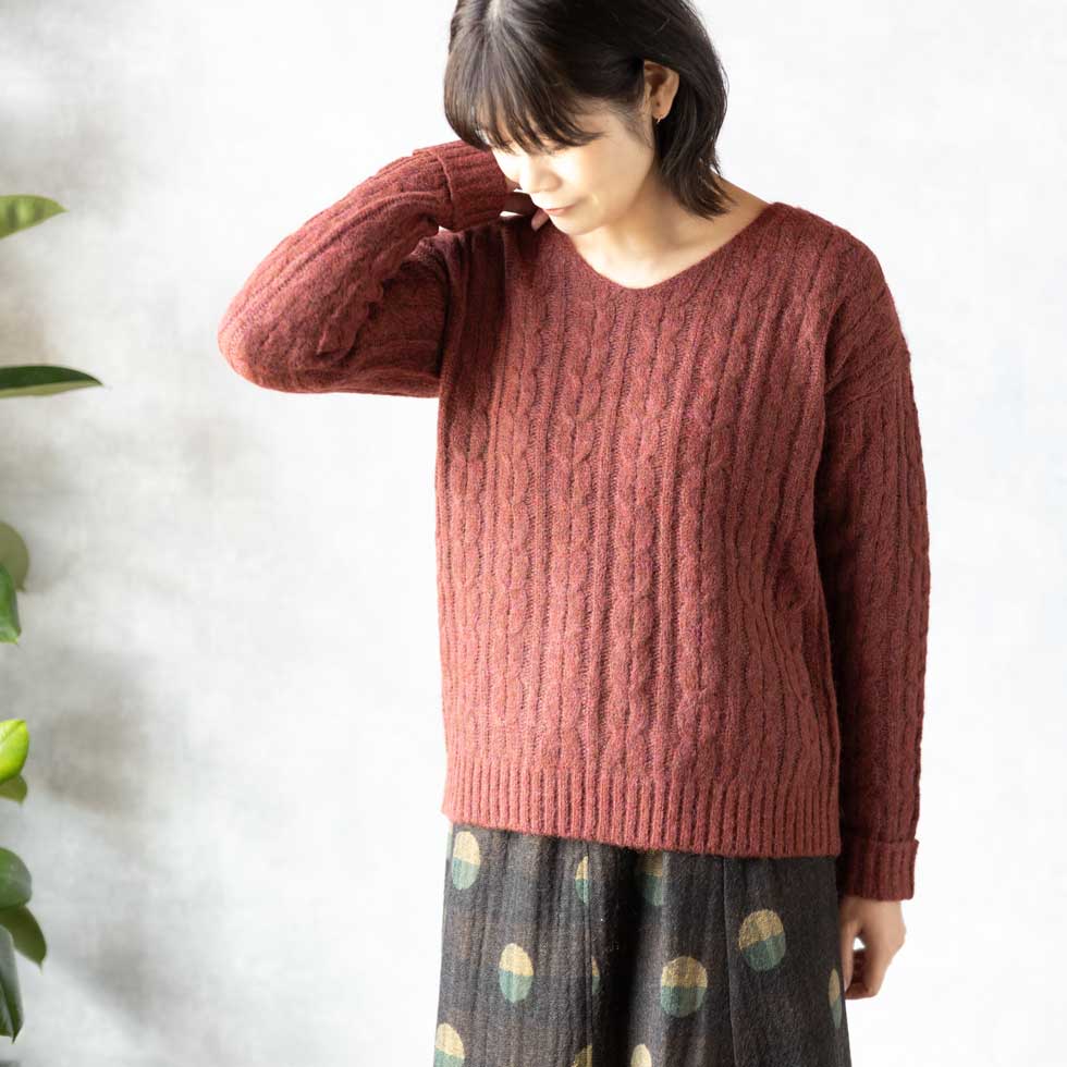 アルパカミックス アラン柄 Vネックプルオーバー 全2色 M〜L