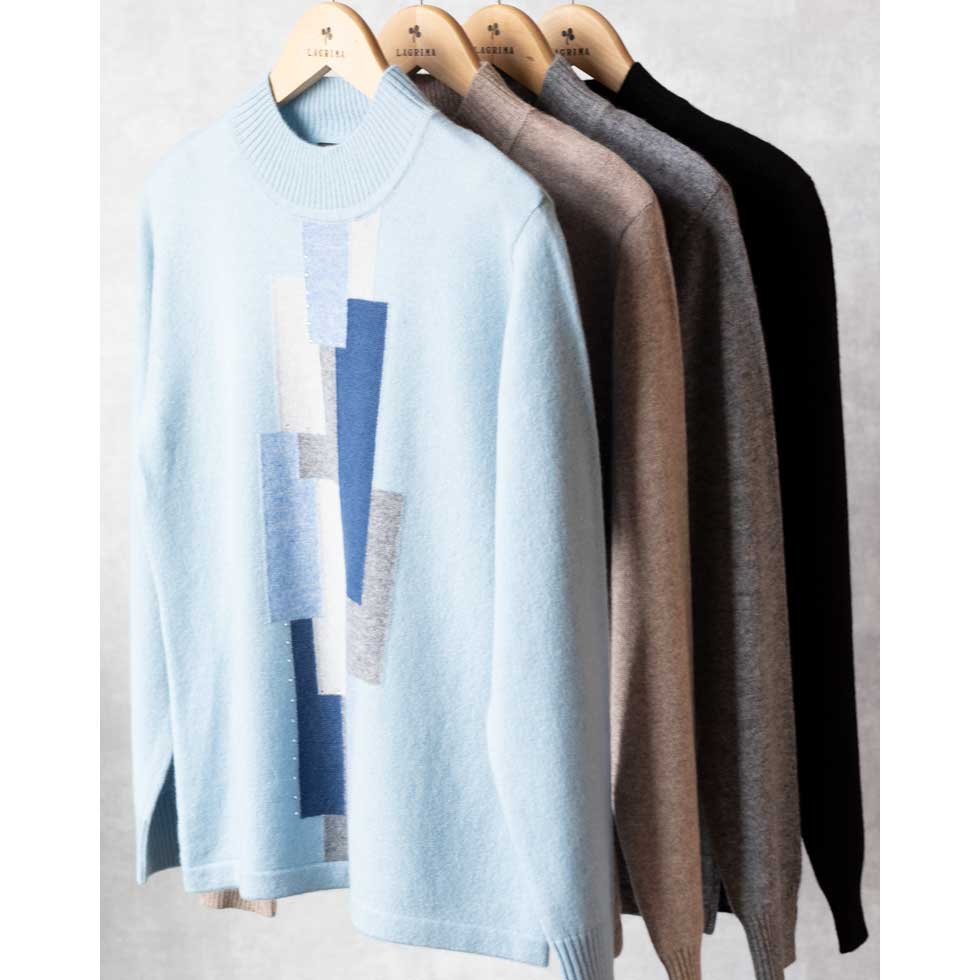 カシミヤ100% 幾何学パターン プルオーバー 全4色 M〜L