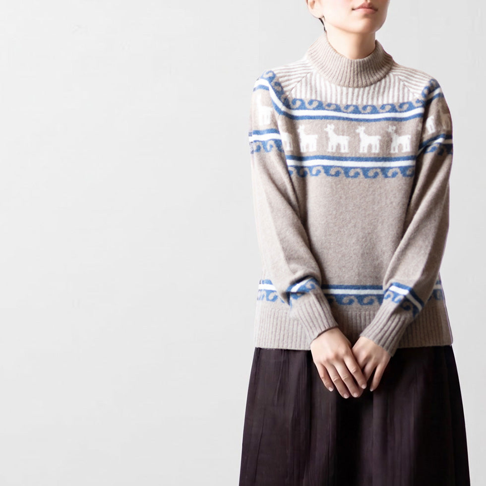 アルパカ混 アンデス柄ハイネックプルオーバー 全5色 M〜L