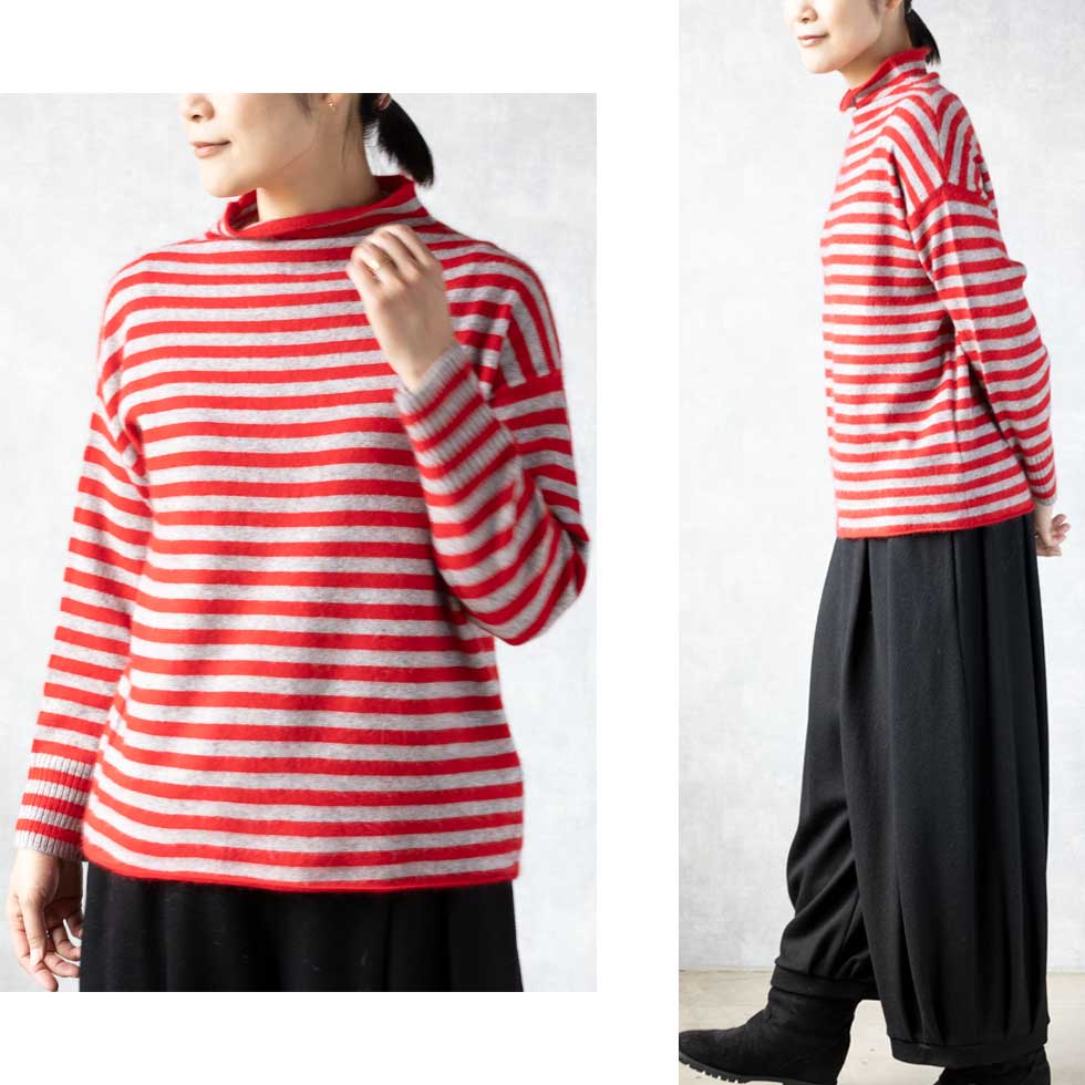 ラクーンアンゴラ混 ボーダー ボトルネックプルオーバー 全3色 M〜L