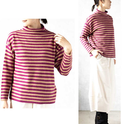 ラクーンアンゴラ混 ボーダー ボトルネックプルオーバー 全3色 M〜L