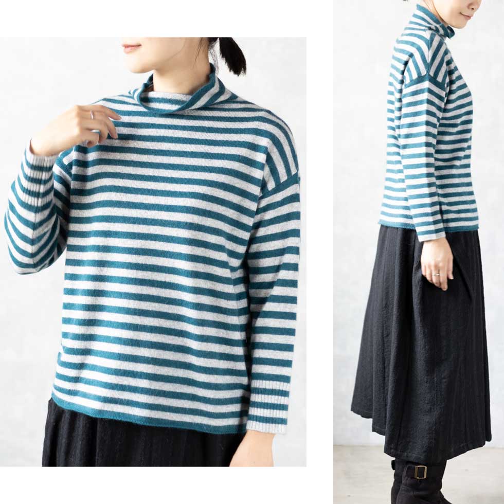 ラクーンアンゴラ混 ボーダー ボトルネックプルオーバー 全3色 M〜L