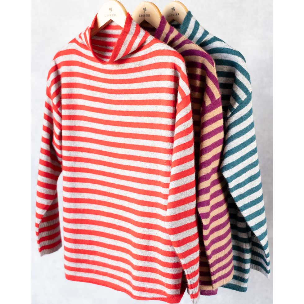 ラクーンアンゴラ混 ボーダー ボトルネックプルオーバー 全3色 M〜L