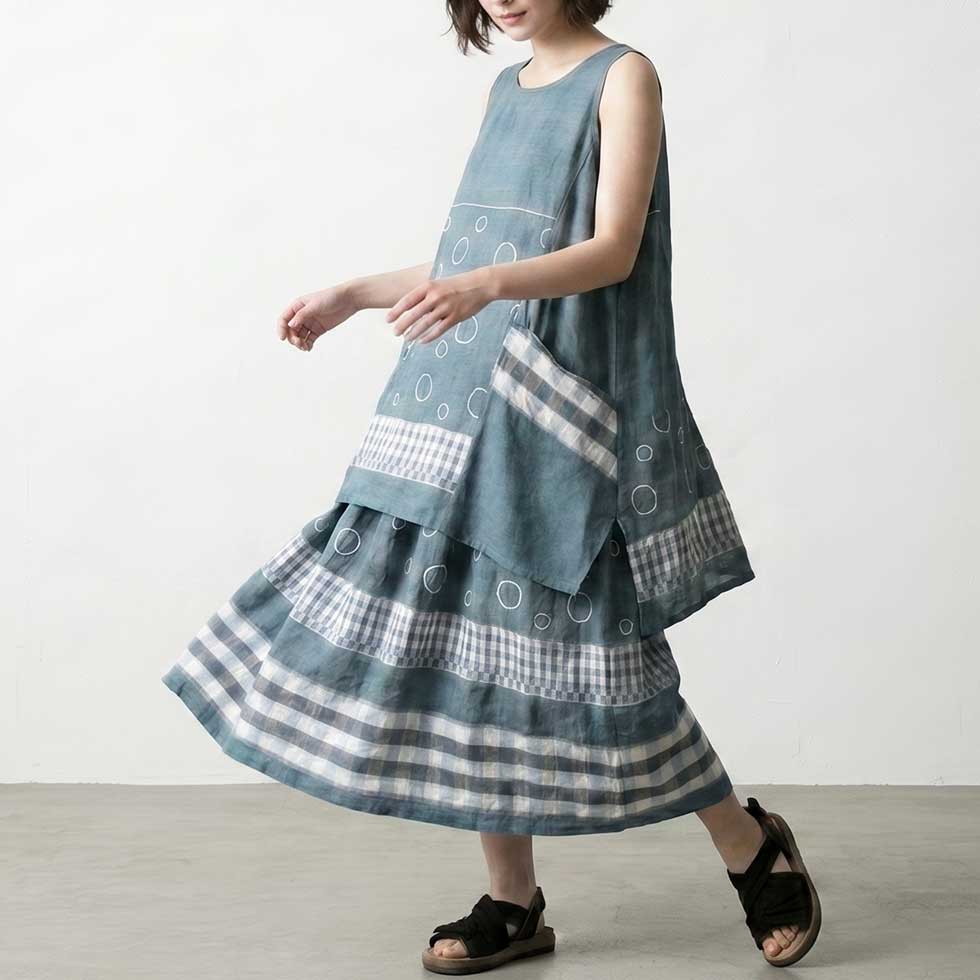 テンセルコットン チュニックベスト サークル×チェック ゆったり 全3色 M〜L 日本製