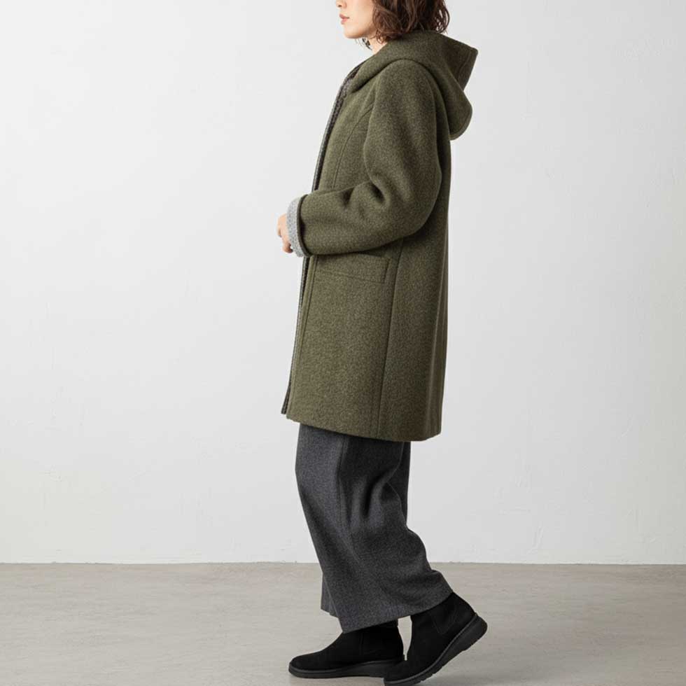 ウール混 フード付ネップコート ロング丈 全2色 M〜L