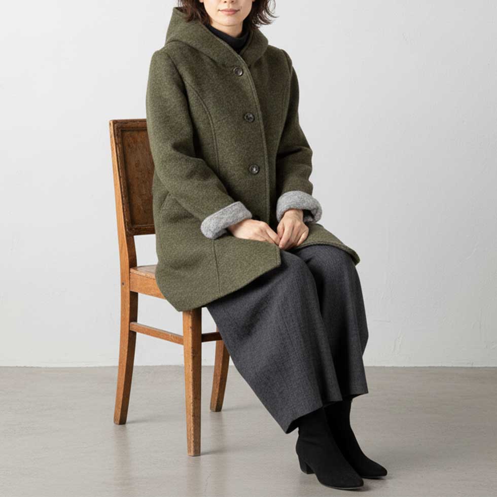 ウール混 フード付ネップコート ロング丈 全2色 M〜L