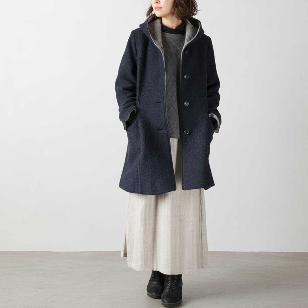 ウール混 フード付ネップコート ロング丈 全2色 M〜L