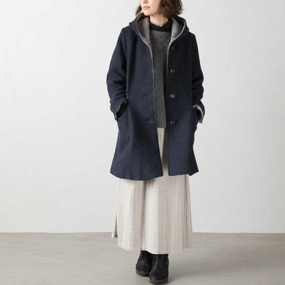 ウール混 フード付ネップコート ロング丈 全2色 M〜L