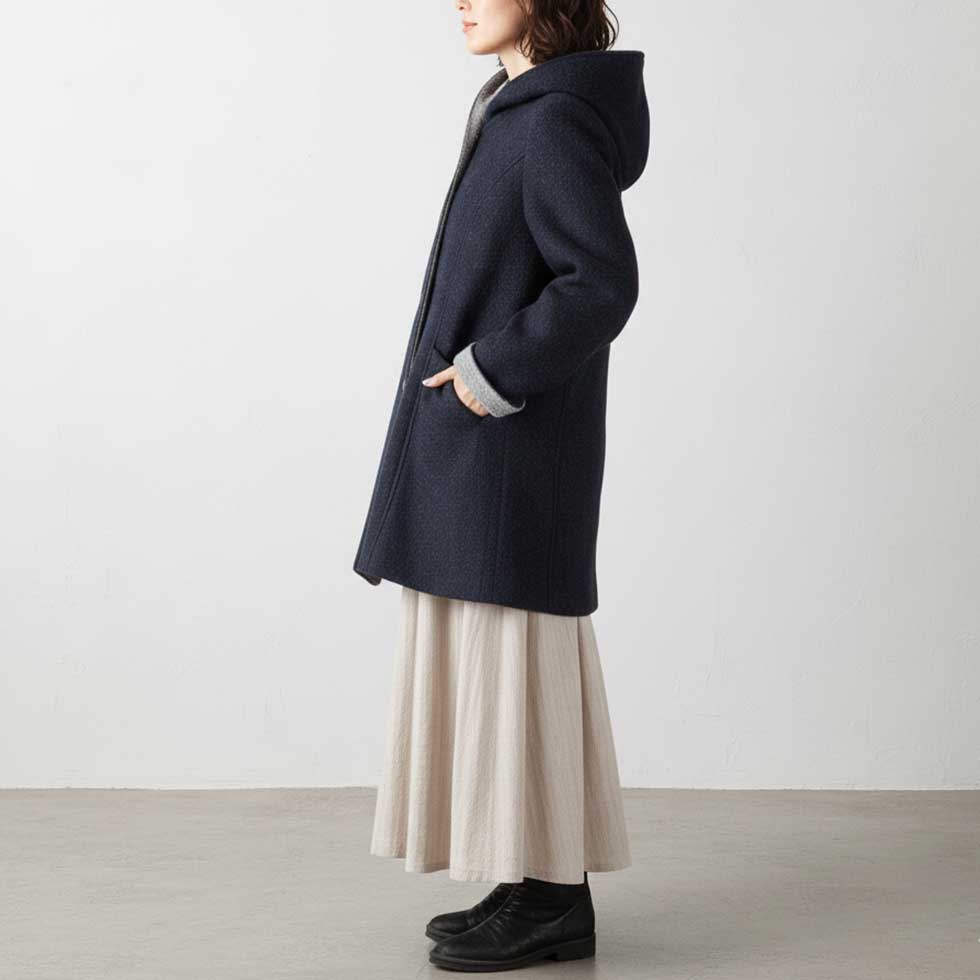 ウール混 フード付ネップコート ロング丈 全2色 M〜L