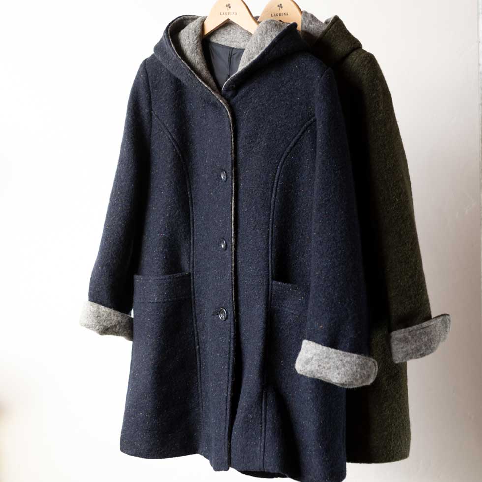 ウール混 フード付ネップコート ロング丈 全2色 M〜L