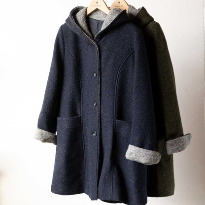ウール混 フード付ネップコート ロング丈 全2色 M〜L