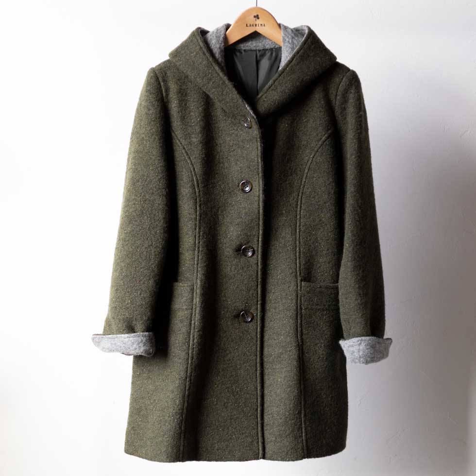 ウール混 フード付ネップコート ロング丈 全2色 M〜L