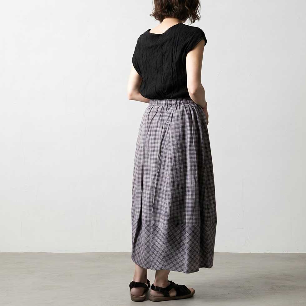 コットンリネン チェック切替 ロングスカート 日本製 全3色 M〜L