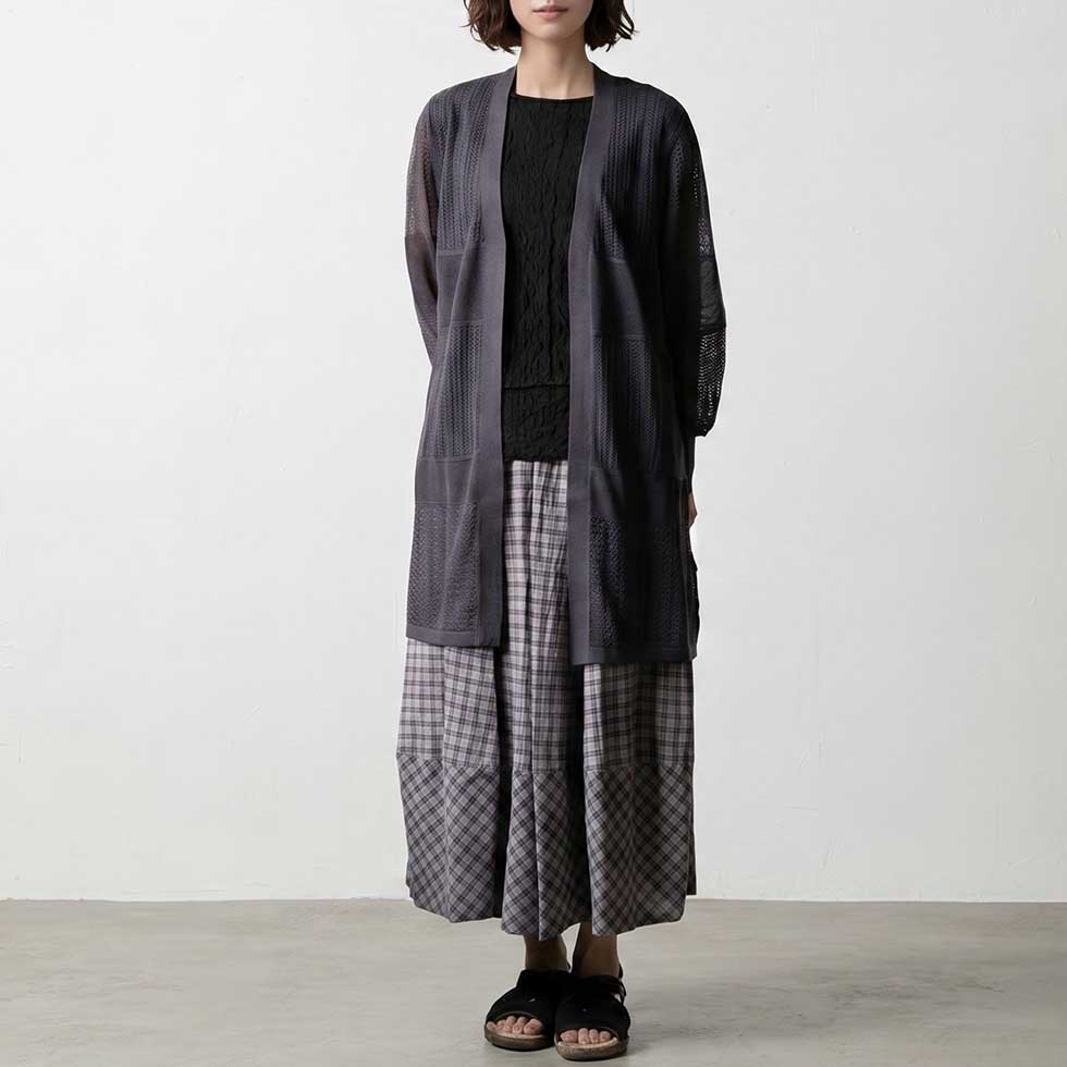コットンリネン チェック切替 ロングスカート 日本製 全3色 M〜L
