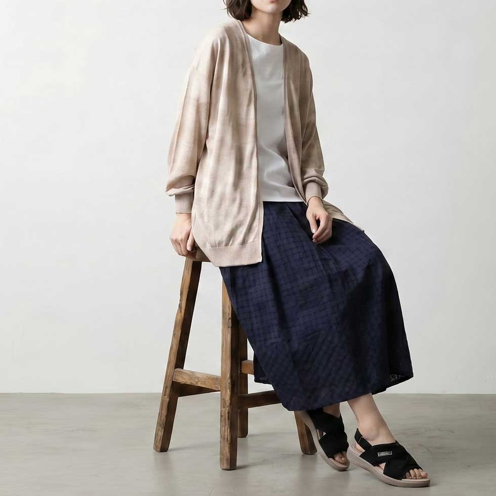 コットンリネン チェック切替 ロングスカート 日本製 全3色 M〜L