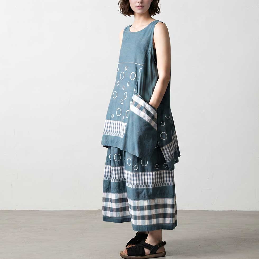テンセルコットン 切替スカート サークル×チェック ゆったり 全3色 M〜L 日本製