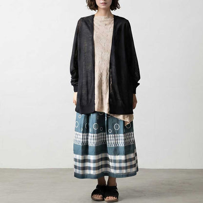 テンセルコットン 切替スカート サークル×チェック ゆったり 全3色 M〜L 日本製