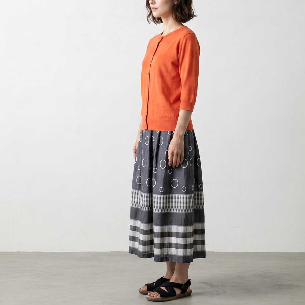 テンセルコットン 切替スカート サークル×チェック ゆったり 全3色 M〜L 日本製