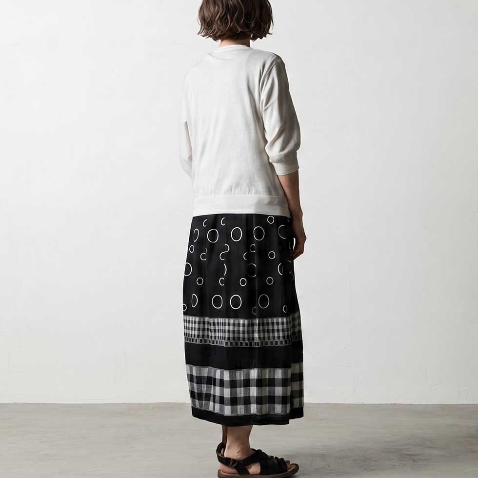テンセルコットン 切替スカート サークル×チェック ゆったり 全3色 M〜L 日本製