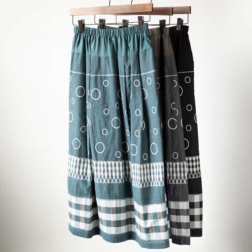 テンセルコットン 切替スカート サークル×チェック ゆったり 全3色 M〜L 日本製