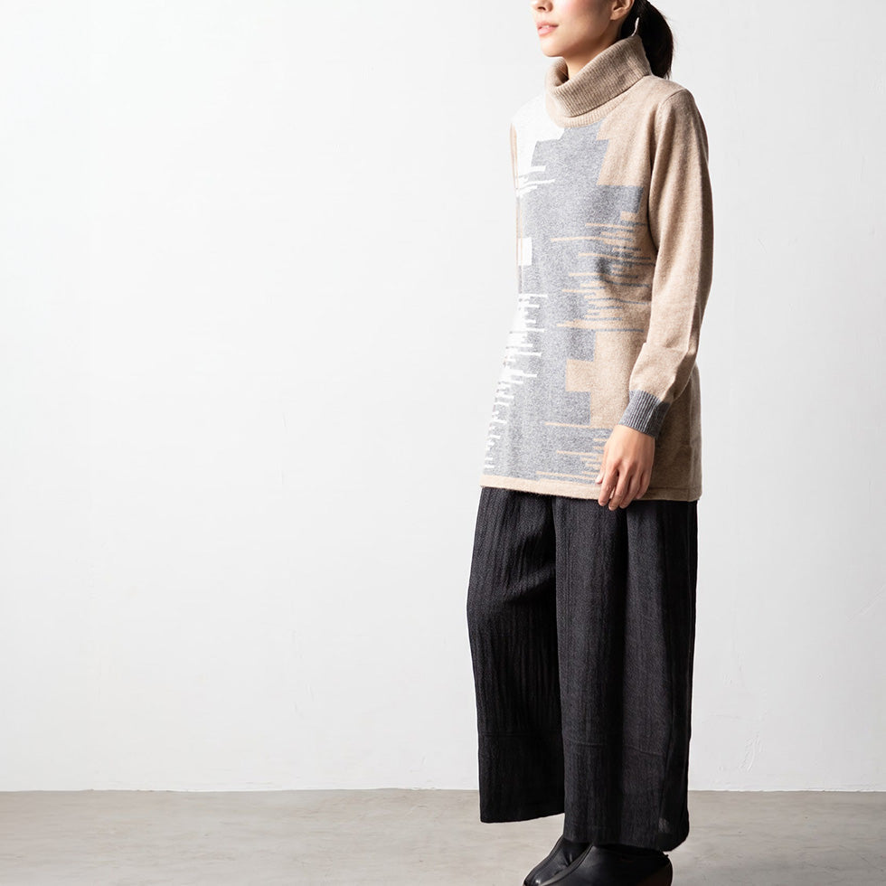 カシミヤ100% 色が切り替わるタートルネックチュニック 全5色 M〜L